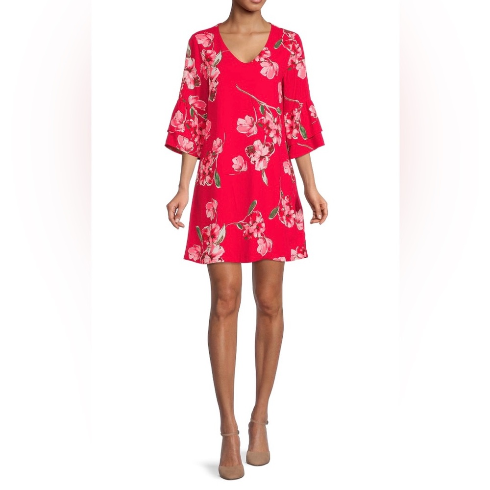 NWT Red Floral flounce sleeve dress size M